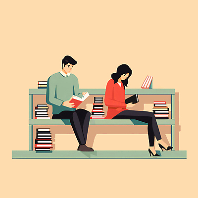 JPG 전신 여자 남자 문화 여유 벤치 일러스트 책장 들기 앉기 성인 두명 책 독서 교양 집중 문화생활 책더미 성인만 문화의날 차분 국내일러스트 AI일러스트 AI콘텐츠 라이프스타일 감정 가구 컨셉 의자 모션 사람 무더기 파일형식 법정기념일