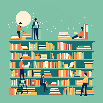 JPG 전신 여자 남자 문화 여유 일러스트 사다리 책장 들기 앉기 여러명 성인 책 독서 교양 달 문화생활 민트색 성인만 문화의날 차분 국내일러스트 AI일러스트 AI콘텐츠 자연요소 라이프스타일 감정 컬러 가구 다수 컨셉 모션 사람 도구 파일형식 법정기념일