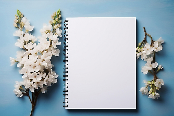 JPG 편집이미지 꽃 종이 하늘색 사람없음 공책 디지털합성 카피스페이스 편집소스 편집실사 AI포토 AI콘텐츠 식물 문구용품 파란색 공백 CG 파일형식