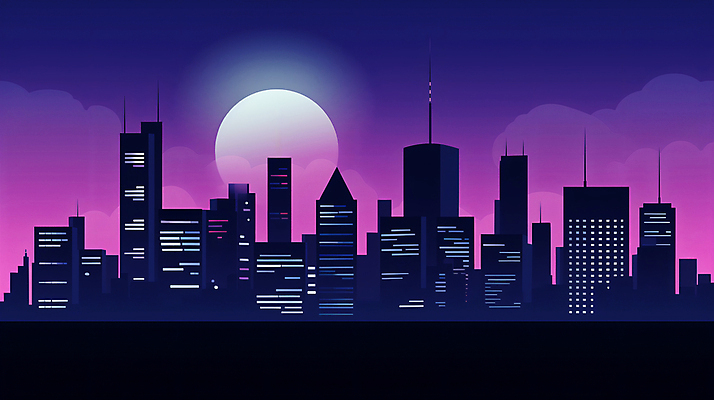 JPG 야경 일러스트 밤하늘 빌딩 사람없음 건물 보라색 달 도시 국내일러스트 AI일러스트 AI콘텐츠 자연요소 건축물 컬러 하늘 야간 파일형식 풍경_경치