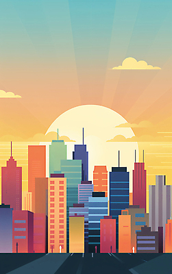 JPG 구름 일러스트 하늘 풍경 빌딩 사람없음 건물 컬러풀 태양 일출 도시 국내일러스트 AI일러스트 AI콘텐츠 자연요소 건축물 컬러 노을 파일형식
