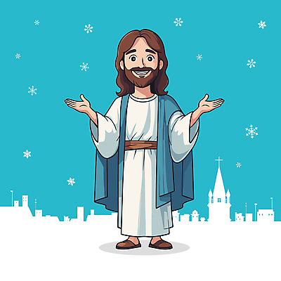 전신 캐릭터 남자 기독교 하늘색 일러스트 팔벌리기 눈꽃 한명 서기 미소 성인 교회 예수 성인남자한명만 일러캐릭터 AI파일 1 종교 종교건축 모션 눈_날씨 표정 사람 건물 파란색 신_종교 남자한명만 성인남자만 파일형식 벡터