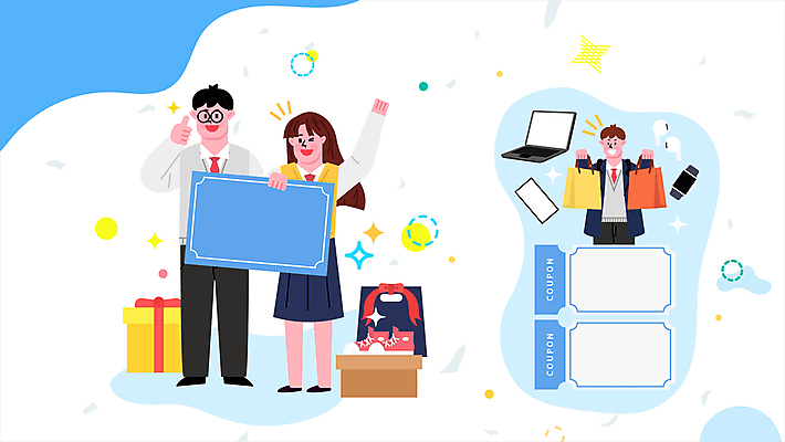 전신 학생 여자 남자 교복 하늘색 신발 청소년 선물 들기 이벤트 상반신 세명 쇼핑 손들기 세일 할인쿠폰 십대만 수능할인 모션그래픽 MP4 MOV 옷 모션 사람 파란색 수능 쿠폰 동영상 파일형식