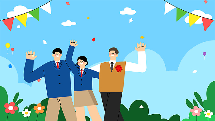 학생 여자 남자 꽃 교복 하늘색 청소년 어깨동무 상반신 성인 세명 손들기 교사 스승의날 카네이션 꽃가루 스승 제자 가정의달 가랜드 모션그래픽 MP4 MOV 식물 직업 옷 기념일 포즈 모션 사람 파란색 5월 가루 파티용품 동영상 파일형식