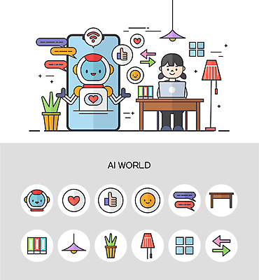 전신 여자 화분 말풍선 일러스트 창문 전등 대화 한명 미소 앉기 성인 책 노트북 스마트폰 세트 과학기술 스탠드 로봇 책상 와이파이 따봉 이모티콘 채팅 성인여자한명만 채팅봇 AI_인공지능 국내일러스트 AI파일 1 가구 모션 조명 기술 표정 말하기 사람 전자제품 핸드폰 스마트기기 최고 무선인터넷 여자한명만 성인여자만 파일형식 벡터