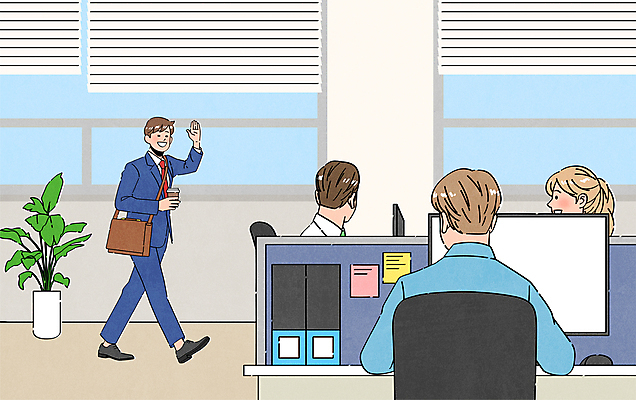 전신 여자 남자 화분 일러스트 회사 웃음 정장 여러명 상반신 성인 비즈니스라이프 사무실 모니터 인사 블라인드 비즈니스맨 비즈니스우먼 동료 포스트잇 파일 출근 손인사 사회생활 성인만 국내일러스트 AI파일 라이프스타일 옷 다수 비즈니스 관계 표정 사람 컴퓨터 메모지 예절 커튼 직장인 출퇴근 파일형식 벡터