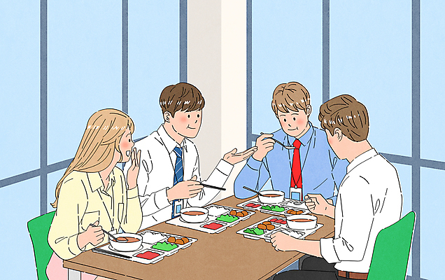 여자 남자 음식 일러스트 회사 함께함 수저 앉기 정장 여러명 상반신 성인 비즈니스라이프 식사 비즈니스맨 비즈니스우먼 먹기 책상 동료 점심 사회생활 식판 점심식사 구내식당 성인만 국내일러스트 AI파일 라이프스타일 식기 옷 가구 다수 컨셉 비즈니스 관계 모션 사람 식당 직장인 파일형식 벡터