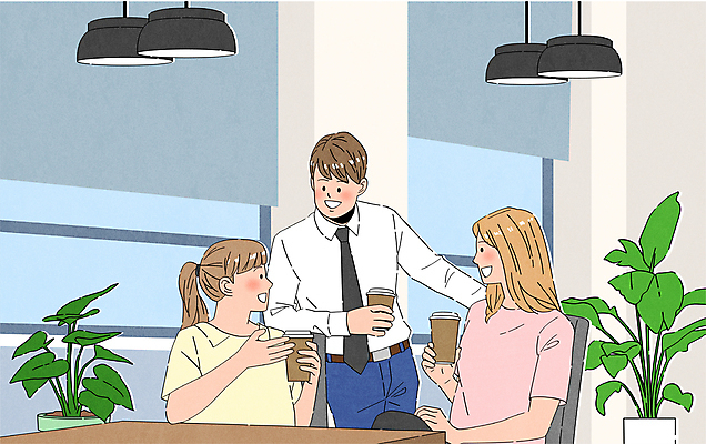 여자 남자 화분 여유 커피 일러스트 회사 휴식 조명 말하기 대화 서기 들기 앉기 정장 성인 세명 비즈니스라이프 기댐 비즈니스맨 비즈니스우먼 휴게실 책상 동료 수다 사회생활 소통 테이크아웃컵 성인만 탕비실 국내일러스트 AI파일 라이프스타일 옷 감정 음료 가구 컨셉 비즈니스 관계 모션 사람 컵 직장인 파일형식 벡터