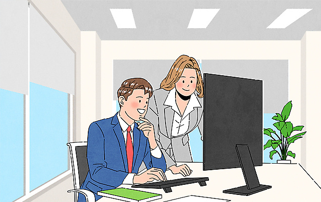 여자 남자 화분 일러스트 회사 협력 함께함 숙이기 앉기 정장 상반신 성인 두명 책 비즈니스라이프 사무실 모니터 키보드 업무 비즈니스맨 비즈니스우먼 책상 동료 사회생활 성인만 국내일러스트 AI파일 라이프스타일 옷 포즈 가구 컨셉 비즈니스 관계 모션 사람 컴퓨터 작업 직장인 파일형식 벡터