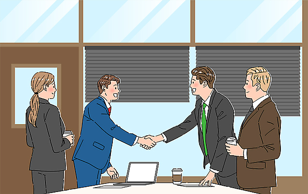 여자 남자 일러스트 회사 악수 협상 웃음 들기 정장 여러명 상반신 성인 비즈니스라이프 노트북 사무실 거래 블라인드 비즈니스맨 비즈니스우먼 동료 계약 미팅룸 사회생활 계약체결 바이어 테이크아웃컵 성인만 국내일러스트 AI파일 라이프스타일 옷 다수 비즈니스 관계 모션 표정 사람 손짓 컵 전자제품 커튼 직장인 무역 파일형식 벡터