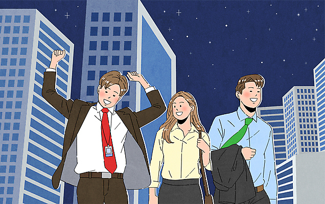 여자 남자 일러스트 회사 밤하늘 정장 빌딩 상반신 성인 세명 비즈니스라이프 사무실 스트레칭 비즈니스맨 비즈니스우먼 야간 동료 퇴근 기지개 사회생활 성인만 국내일러스트 AI파일 자연요소 라이프스타일 옷 비즈니스 관계 모션 하늘 사람 건물 운동 직장인 출퇴근 파일형식 벡터