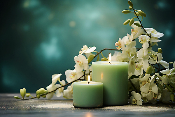 JPG 편집이미지 꽃 백그라운드 촛불 사람없음 초록색 두개 아로마 향초 아로마테라피 양란 편집실사 AI포토 AI콘텐츠 식물 컬러 2 초 난초 CG 테라피 파일형식