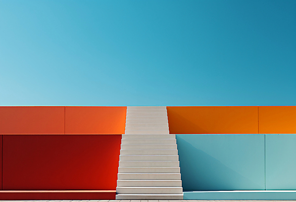 JPG 편집이미지 건축물 디자인 하늘색 백그라운드 하늘 사람없음 계단 주황색 공간 디지털합성 모던 심플 편집실사 AI포토 AI콘텐츠 건축 컬러 파란색 CG 파일형식