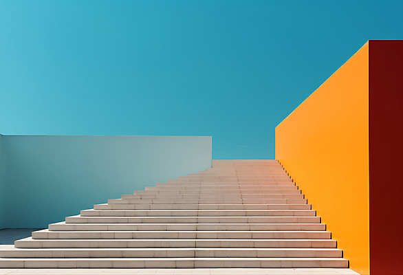 JPG 편집이미지 건축물 디자인 하늘색 백그라운드 하늘 사람없음 노란색 계단 공간 디지털합성 모던 심플 편집실사 AI포토 AI콘텐츠 건축 컬러 파란색 CG 파일형식