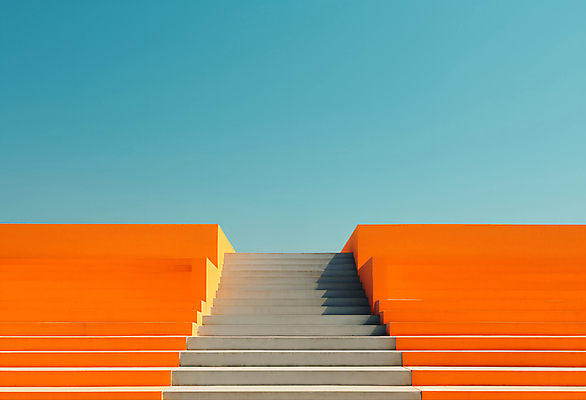 JPG 편집이미지 건축물 디자인 하늘색 백그라운드 하늘 사람없음 계단 주황색 공간 디지털합성 모던 심플 편집실사 AI포토 AI콘텐츠 건축 컬러 파란색 CG 파일형식