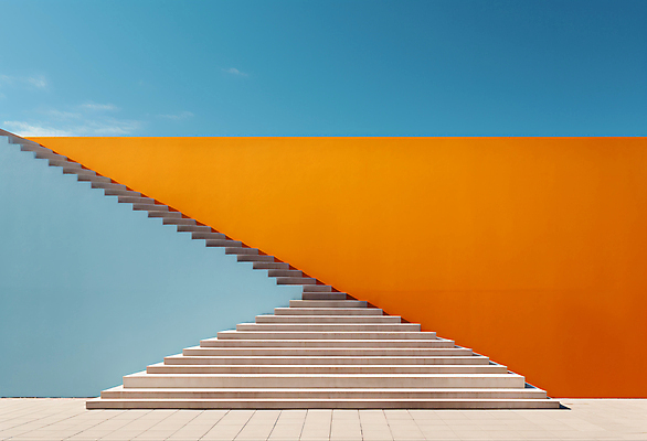 JPG 편집이미지 건축물 디자인 하늘색 백그라운드 하늘 사람없음 계단 주황색 공간 디지털합성 모던 심플 편집실사 AI포토 AI콘텐츠 건축 컬러 파란색 CG 파일형식