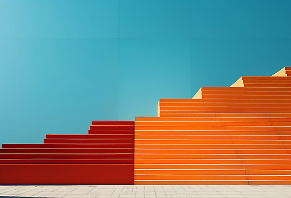 JPG 편집이미지 건축물 디자인 하늘색 백그라운드 하늘 사람없음 계단 주황색 공간 디지털합성 모던 심플 편집실사 AI포토 AI콘텐츠 건축 컬러 파란색 CG 파일형식