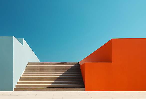 JPG 편집이미지 건축물 디자인 하늘색 백그라운드 하늘 사람없음 빨간색 계단 공간 디지털합성 모던 심플 편집실사 AI포토 AI콘텐츠 건축 컬러 파란색 CG 파일형식