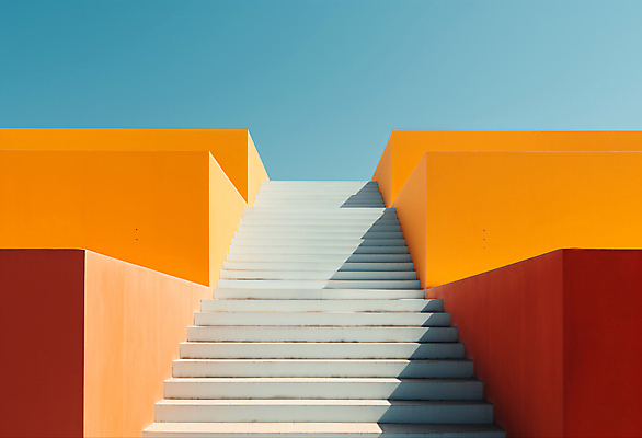 JPG 편집이미지 건축물 디자인 하늘색 백그라운드 하늘 사람없음 계단 주황색 공간 디지털합성 모던 심플 편집실사 AI포토 AI콘텐츠 건축 컬러 파란색 CG 파일형식