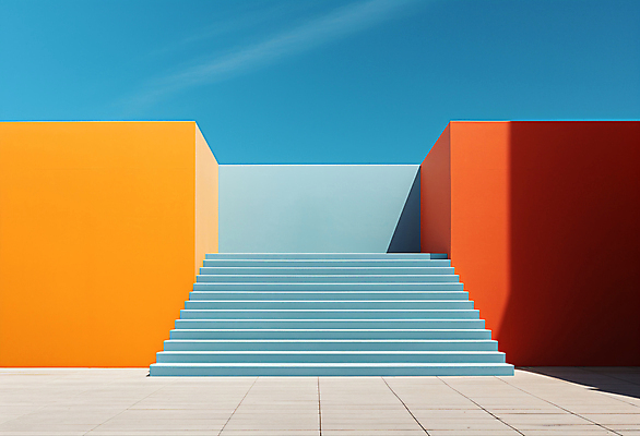 JPG 편집이미지 건축물 디자인 하늘색 백그라운드 하늘 사람없음 계단 주황색 공간 디지털합성 모던 심플 편집실사 AI포토 AI콘텐츠 건축 컬러 파란색 CG 파일형식