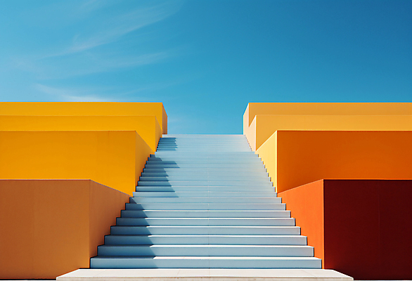 JPG 편집이미지 건축물 디자인 하늘색 백그라운드 하늘 사람없음 계단 주황색 공간 디지털합성 모던 심플 편집실사 AI포토 AI콘텐츠 건축 컬러 파란색 CG 파일형식