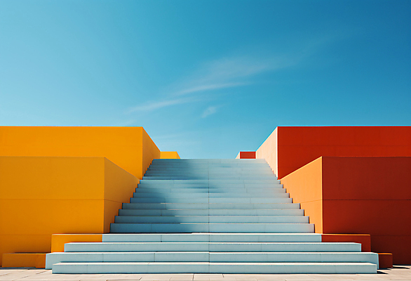 JPG 편집이미지 건축물 디자인 하늘색 백그라운드 하늘 사람없음 노란색 계단 공간 디지털합성 모던 심플 편집실사 AI포토 AI콘텐츠 건축 컬러 파란색 CG 파일형식