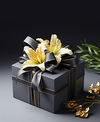 JPG 편집이미지 꽃 리본 잎 나뭇잎 사람없음 장식 선물상자 검은색 고급 백합 오브젝트 편집실사 AI포토 AI콘텐츠 식물 컬러 컨셉 선물 상자 CG 파일형식