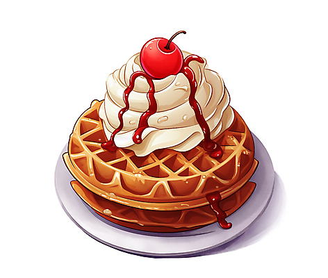 PSD 접시 음식 일러스트 사람없음 흐름 체리 달콤 생크림 시럽 와플 휘핑크림 국내일러스트 식기 컨셉 과일 디저트 맛 크림 휘핑 파일형식