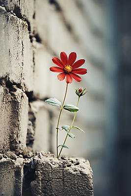 JPG 편집이미지 꽃 사람없음 빨간색 담장 회색 개화 디지털합성 시멘트 시멘트벽 편집실사 AI포토 AI콘텐츠 식물 벽 컬러 CG 파일형식