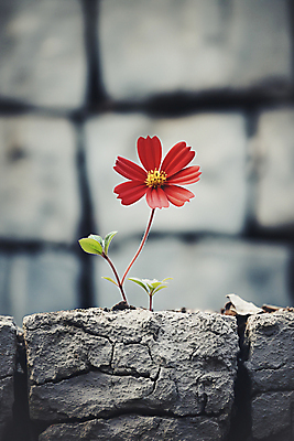 JPG 편집이미지 꽃 사람없음 빨간색 담장 회색 개화 디지털합성 시멘트 시멘트벽 편집실사 AI포토 AI콘텐츠 식물 벽 컬러 CG 파일형식