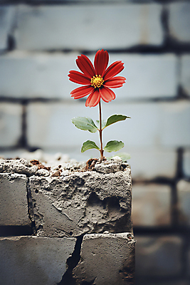 JPG 편집이미지 꽃 사람없음 빨간색 담장 회색 개화 디지털합성 시멘트 시멘트벽 편집실사 AI포토 AI콘텐츠 식물 벽 컬러 CG 파일형식