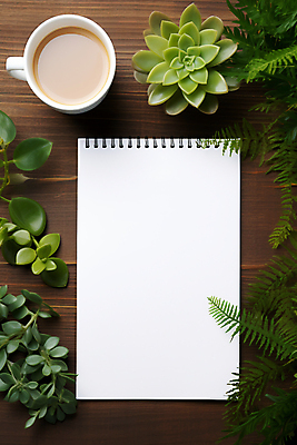 JPG 편집이미지 커피 잎 프레임 사람없음 하이앵글 사각형 풀 커피잔 스프링노트 다육식물 카피스페이스 편집실사 AI포토 AI콘텐츠 도형 식물 음료 뷰포인트 잔 공책 공백 CG 파일형식