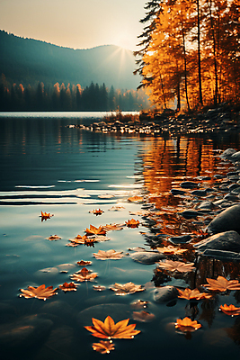 JPG 나무 편집이미지 호수 물결 단풍 낙엽 자연 풍경 근접촬영 사람없음 햇빛 반사 가을풍경 고요 가을 돌_바위 편집실사 AI포토 AI콘텐츠 식물 계절 뷰포인트 잎 태양 CG 생태계 파일형식 가을_계절