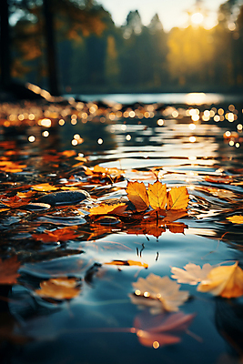 JPG 편집이미지 호수 물결 단풍 낙엽 자연 풍경 근접촬영 사람없음 햇빛 반사 가을풍경 고요 가을 보케 빛망울 편집실사 AI포토 AI콘텐츠 계절 뷰포인트 잎 빛 태양 CG 생태계 파일형식 가을_계절