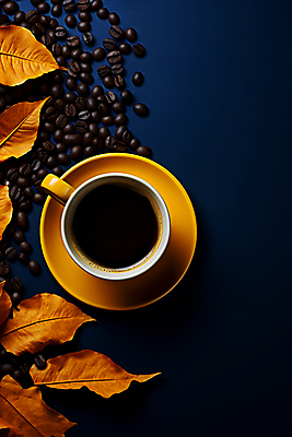 JPG 편집이미지 커피 백그라운드 낙엽 사람없음 하이앵글 노란색 원두 가을 커피잔 남색 편집실사 AI포토 AI콘텐츠 계절 음료 뷰포인트 컬러 잎 잔 CG 파일형식