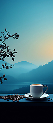 JPG 편집이미지 호수 커피 산 사람없음 파란색 원두 나뭇가지 커피잔 카피스페이스 편집실사 AI포토 AI콘텐츠 나무 음료 컬러 잔 공백 CG 파일형식