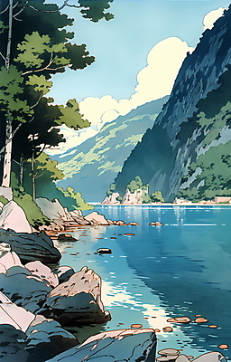 JPG 나무 구름 백그라운드 일러스트 자연 하늘 산 사람없음 강 바위 풍경화 국내일러스트 AI일러스트 AI콘텐츠 자연요소 식물 돌_바위 그림 생태계 파일형식