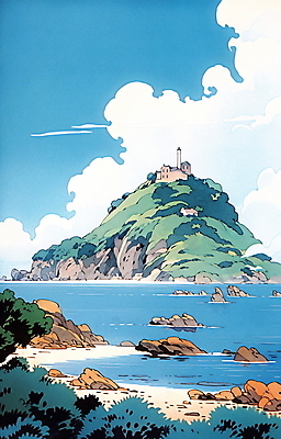 JPG 구름 바다 섬 백그라운드 일러스트 자연 하늘 사람없음 건물 바위 풀 풍경화 국내일러스트 AI일러스트 AI콘텐츠 자연요소 식물 건축물 돌_바위 그림 생태계 파일형식