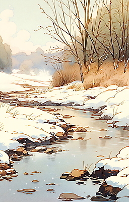 JPG 나무 구름 백그라운드 겨울 일러스트 자연 하늘 사람없음 강 돌_바위 풀 풍경화 눈덮임 국내일러스트 AI일러스트 AI콘텐츠 자연요소 식물 계절 컨셉 그림 생태계 파일형식