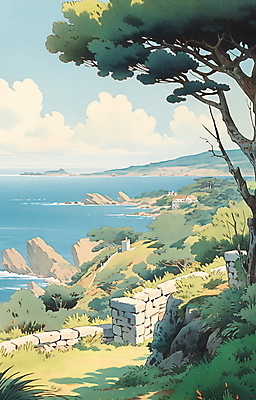 JPG 나무 구름 바다 섬 백그라운드 일러스트 자연 하늘 돌담 사람없음 건물 마을 바위 풍경화 국내일러스트 AI일러스트 AI콘텐츠 자연요소 식물 건축물 담장 돌_바위 그림 생태계 파일형식