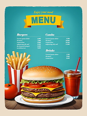 PSD 편집이미지 접시 디자인 포스터 빵 토마토 패스트푸드 서양음식 타이포그라피 사람없음 감자튀김 햄버거 양상추 디지털합성 메뉴 콜라 메뉴판 패티 민트색 편집소스 이미지편집 문자 식기 음식 컬러 채소 감자 튀김 인스턴트 탄산음료 파일형식