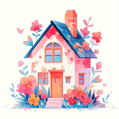 JPG 꽃 일러스트 창문 동화 수채화 주택 굴뚝 사람없음 풀 아기자기 국내일러스트 AI일러스트 AI콘텐츠 식물 컨셉 건물 파일형식