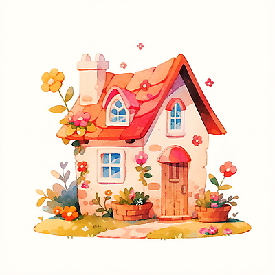 JPG 꽃 일러스트 창문 동화 수채화 주택 굴뚝 사람없음 풀 아기자기 국내일러스트 AI일러스트 AI콘텐츠 식물 컨셉 건물 파일형식