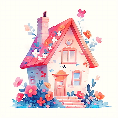 JPG 꽃 일러스트 창문 동화 수채화 주택 굴뚝 사람없음 풀 아기자기 국내일러스트 AI일러스트 AI콘텐츠 식물 컨셉 건물 파일형식