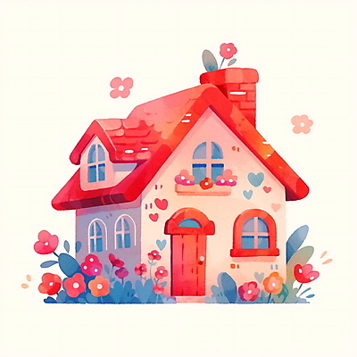 JPG 꽃 일러스트 창문 동화 수채화 주택 굴뚝 사람없음 풀 아기자기 국내일러스트 AI일러스트 AI콘텐츠 식물 컨셉 건물 파일형식