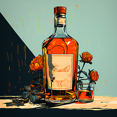 JPG 꽃 일러스트 주류 사람없음 빈티지 디지털합성 양주 위스키 위스키병 국내일러스트 AI일러스트 AI콘텐츠 식물 음료 컨셉 파일형식
