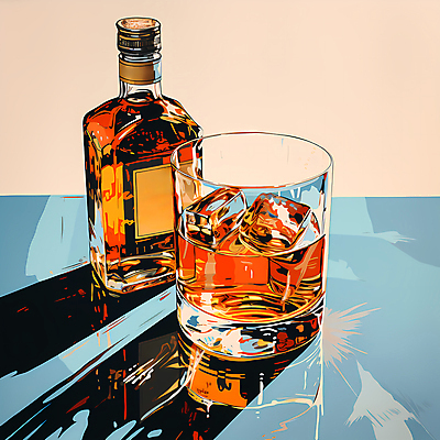 JPG 술잔 일러스트 주류 사람없음 빈티지 디지털합성 양주 위스키 위스키병 국내일러스트 AI일러스트 AI콘텐츠 음료 컨셉 잔 파일형식