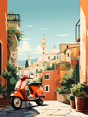 JPG 구름 여행 일러스트 하늘 유럽건축 거리 주택 풍경 사람없음 건물 마을 스쿠터 로마 디지털합성 주택가 국내일러스트 AI일러스트 AI콘텐츠 자연요소 건축물 서양건축 이탈리아 오토바이 파일형식