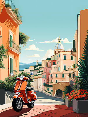 JPG 구름 여행 일러스트 하늘 유럽건축 거리 주택 풍경 사람없음 건물 마을 스쿠터 로마 디지털합성 주택가 국내일러스트 AI일러스트 AI콘텐츠 자연요소 건축물 서양건축 이탈리아 오토바이 파일형식