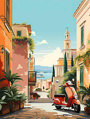 JPG 구름 여행 일러스트 하늘 유럽건축 거리 주택 풍경 사람없음 건물 마을 스쿠터 골목길 로마 디지털합성 주택가 국내일러스트 AI일러스트 AI콘텐츠 자연요소 건축물 길 서양건축 이탈리아 오토바이 파일형식